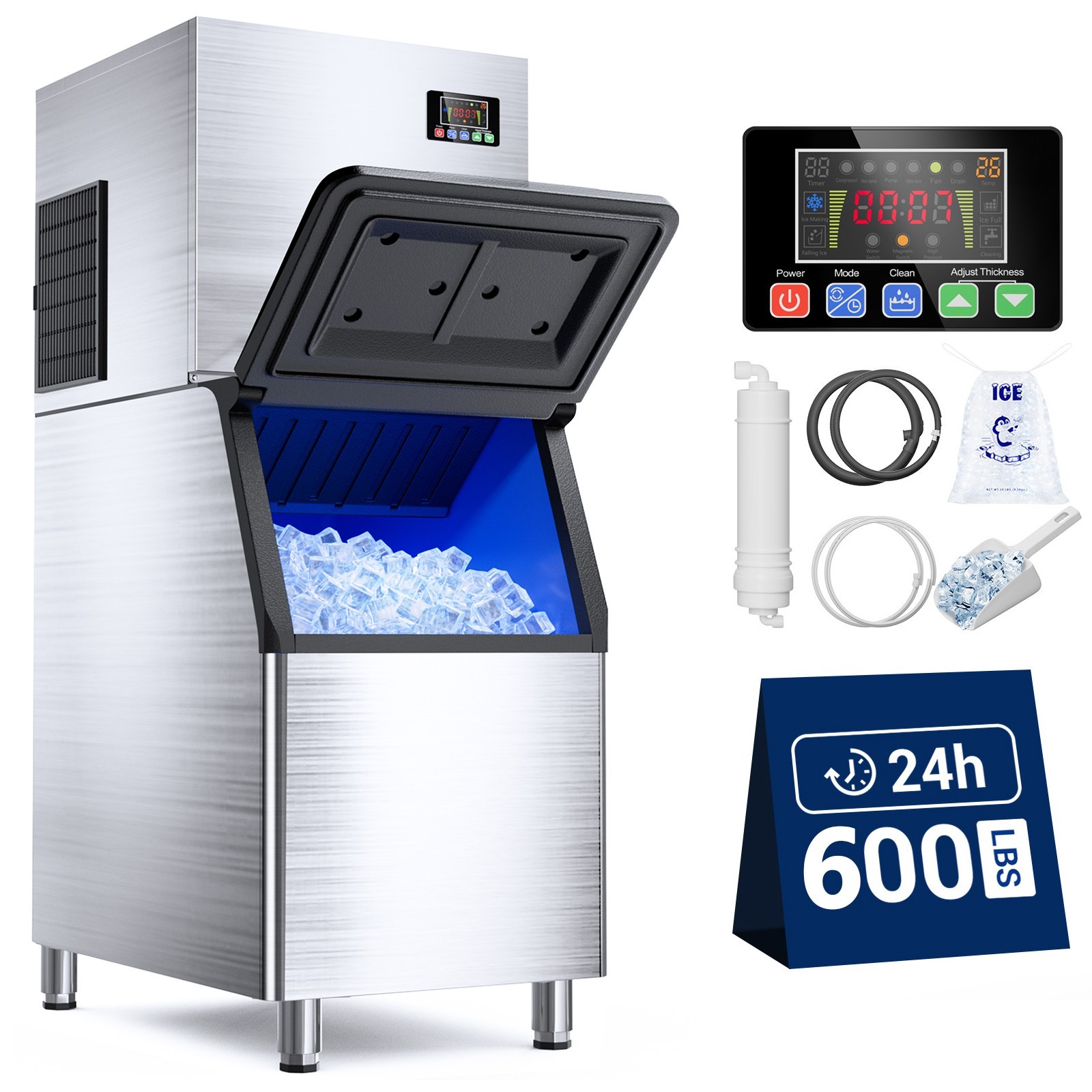 600lbs/24h Commercial Ice Maker Machine Freestanding Bar Ice Machines 400lbs Bin