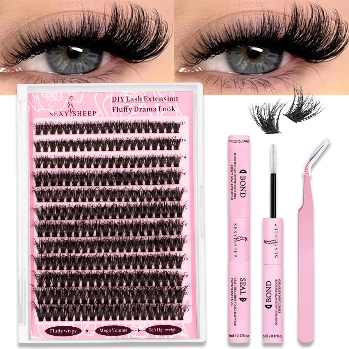 DIY Cluster Lashes Kit Individual Lashes Mixed Length Wispy Thick 3D Faux Mink L