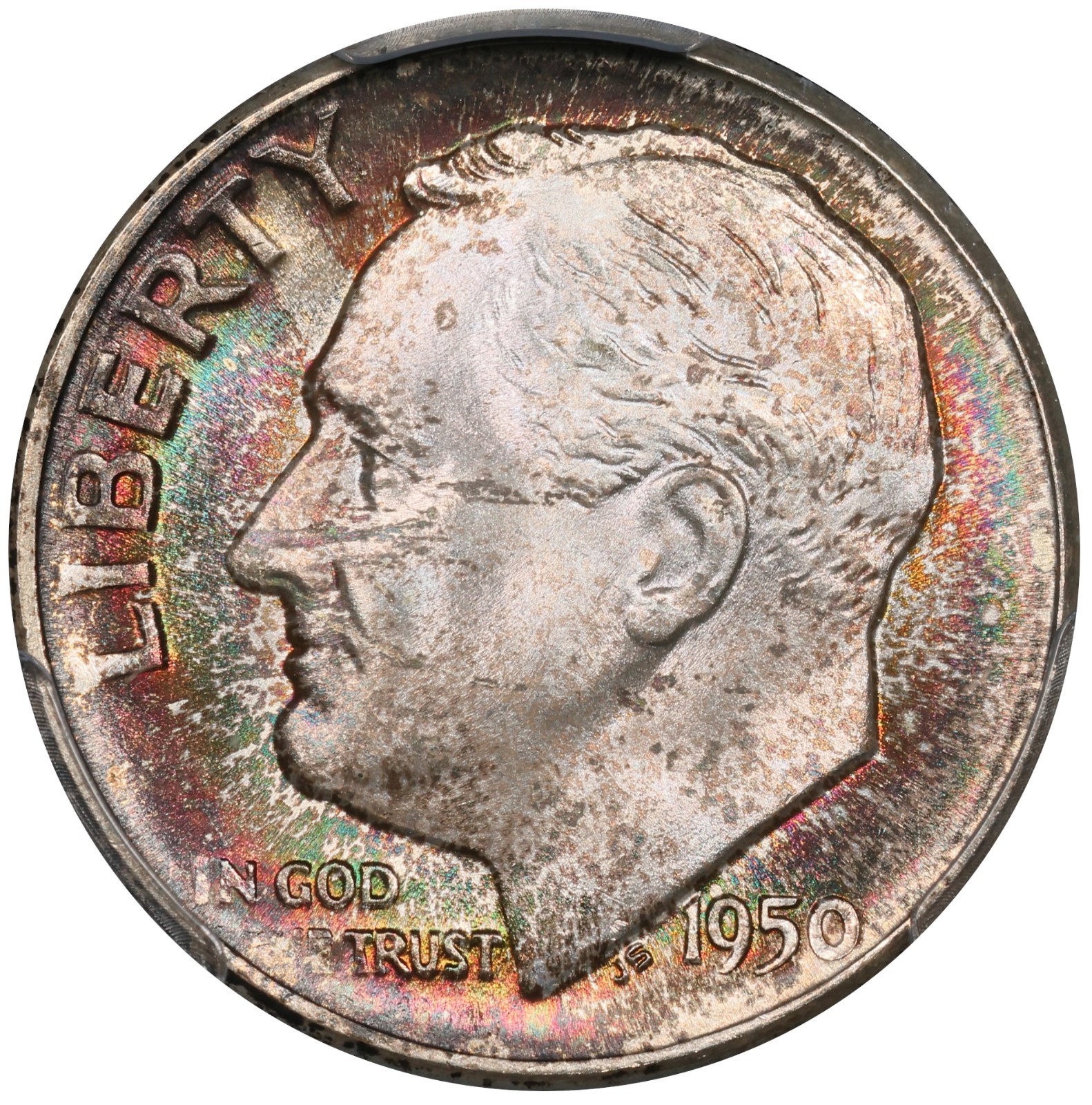 1950 D Toned Roosevelt Dime PCGS MS 67 See Video Rainbow Toning Silver Coin 10C