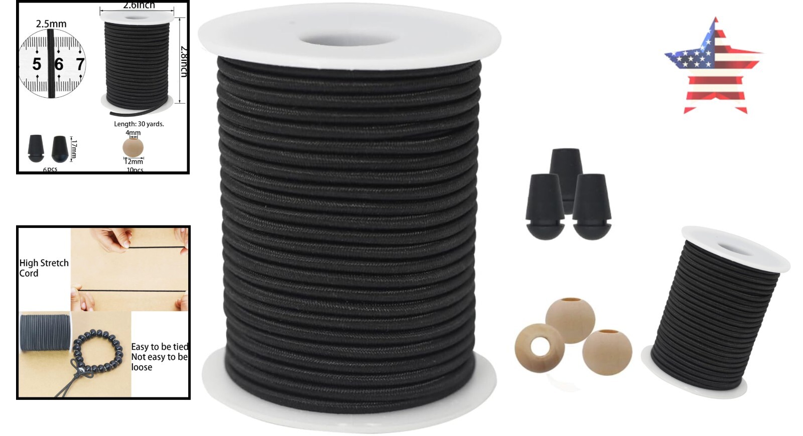 Black Beaded Cords for Bracelets & Jewelry Making - Elastic & Durable - 50 Yards