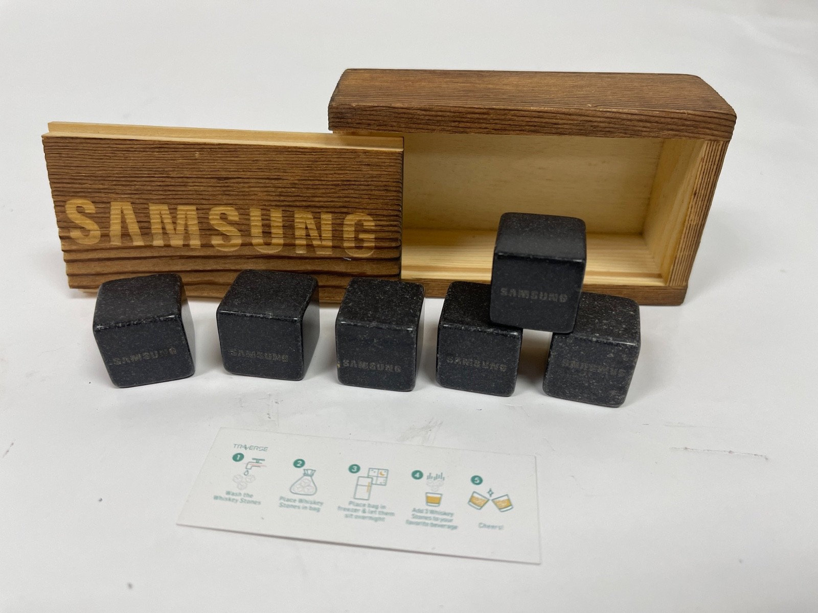 Set of 6 Samsung Promotional Whiskey Stones Freezer Ice Rocks in Wooden Box