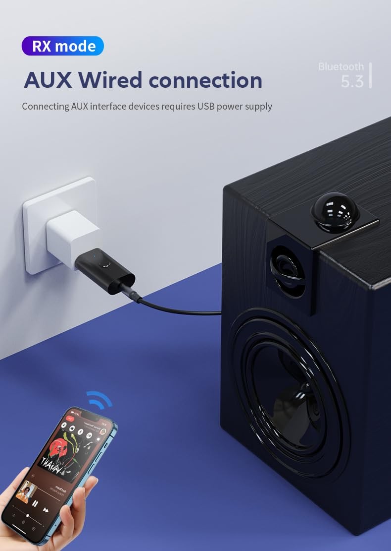 Bluetooth 5.3 Transmitter Receiver 3.5mm Aux Wireless USB Adapter with Mic