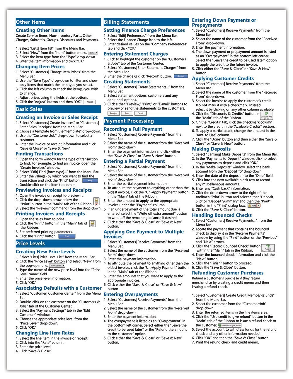 QuickBooks Pro 2015 Training Guide Quick Reference Card 4 Page Cheat Sheet