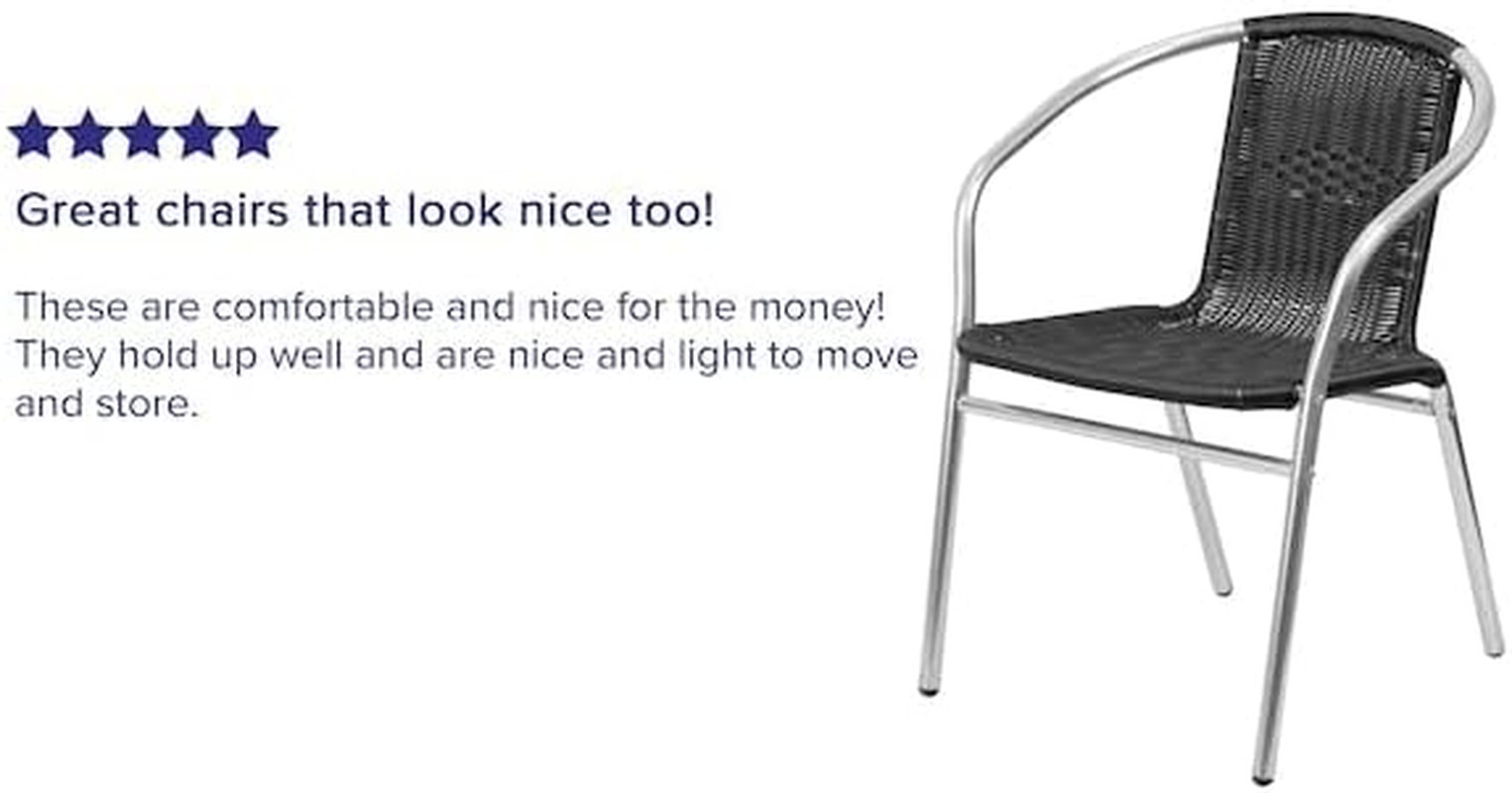Commercial Aluminum and Black Rattan Indoor-Outdoor Restaurant Stack Chair