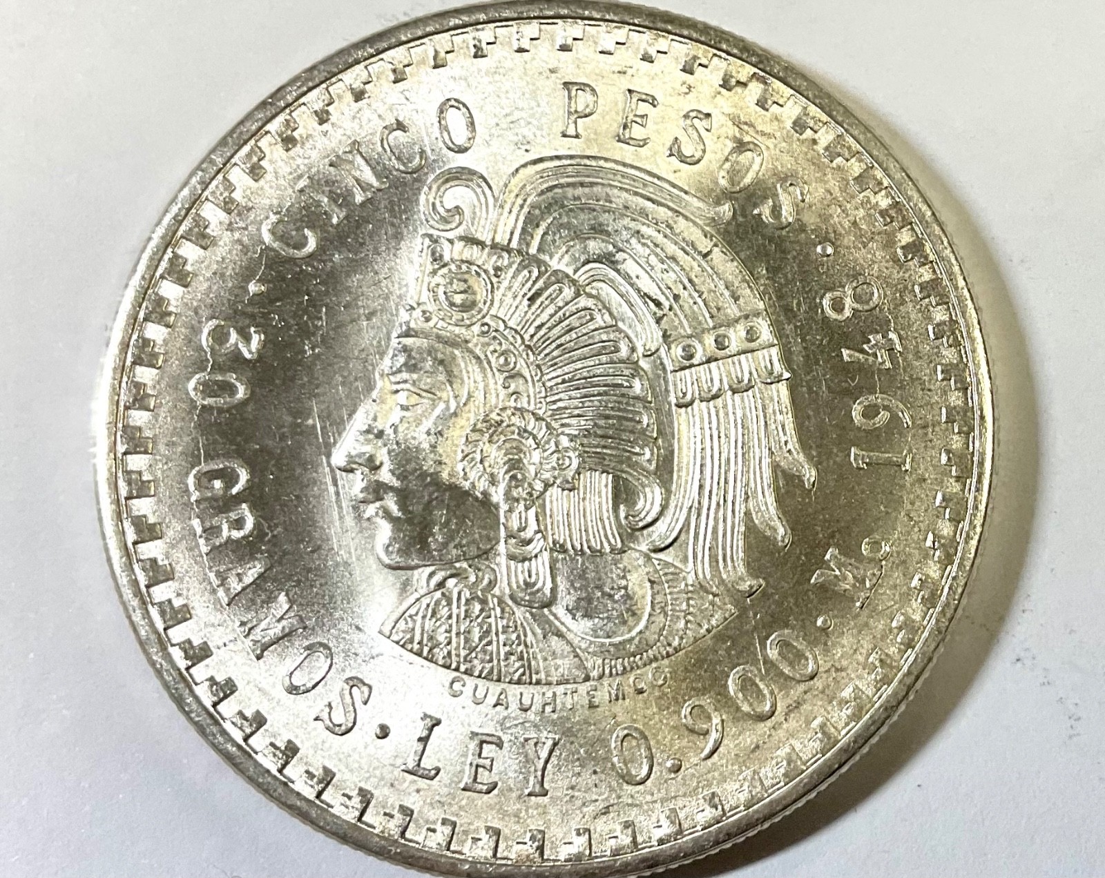 1948 Mo Mexico 5 Pesos Silver Coin 0.900 Fine Cuauhtemoc  Uncirculated Lustrous