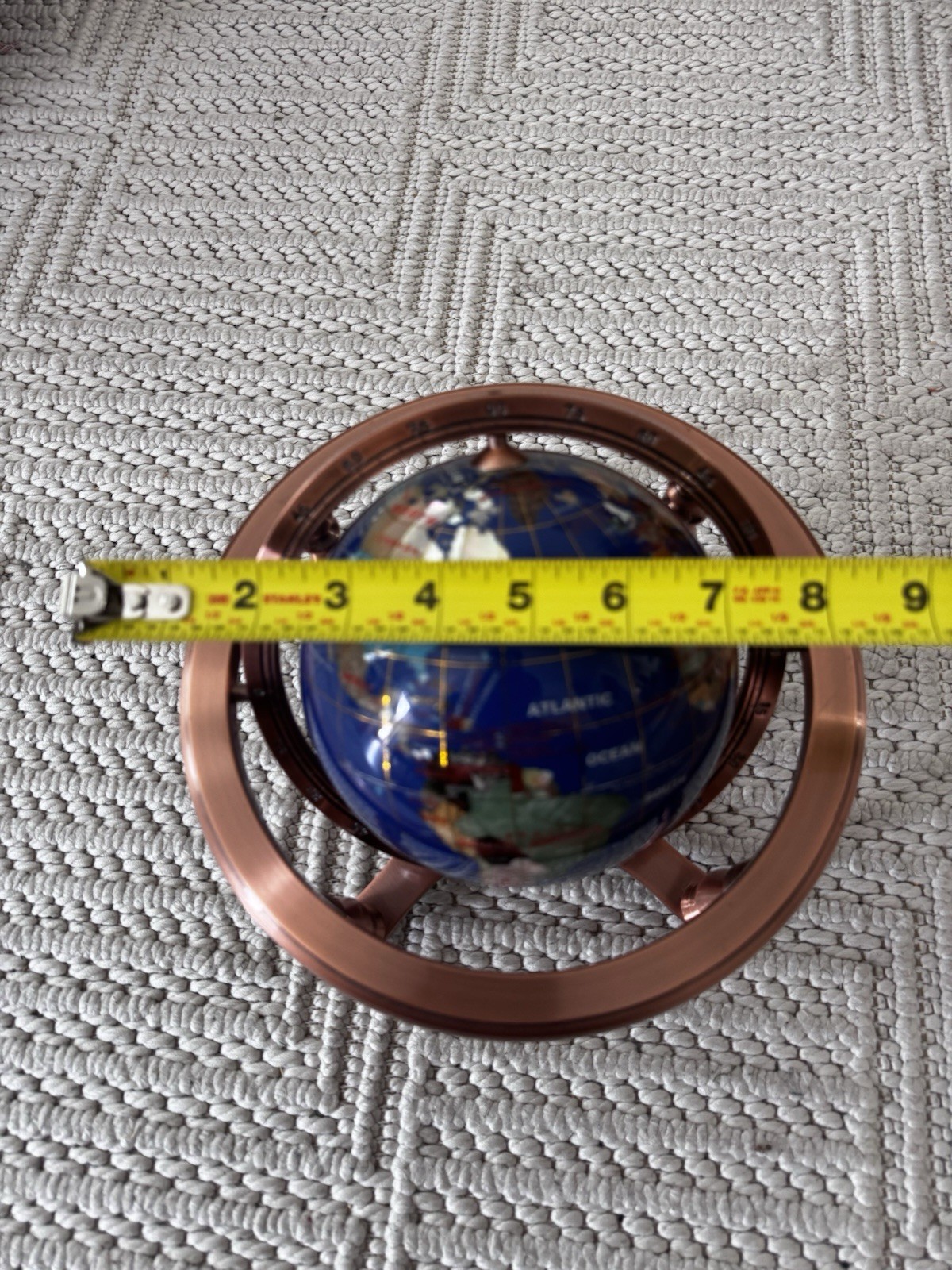 Semi-Precious Gemstone Globe 9” In Copper Tone Stand with Compass