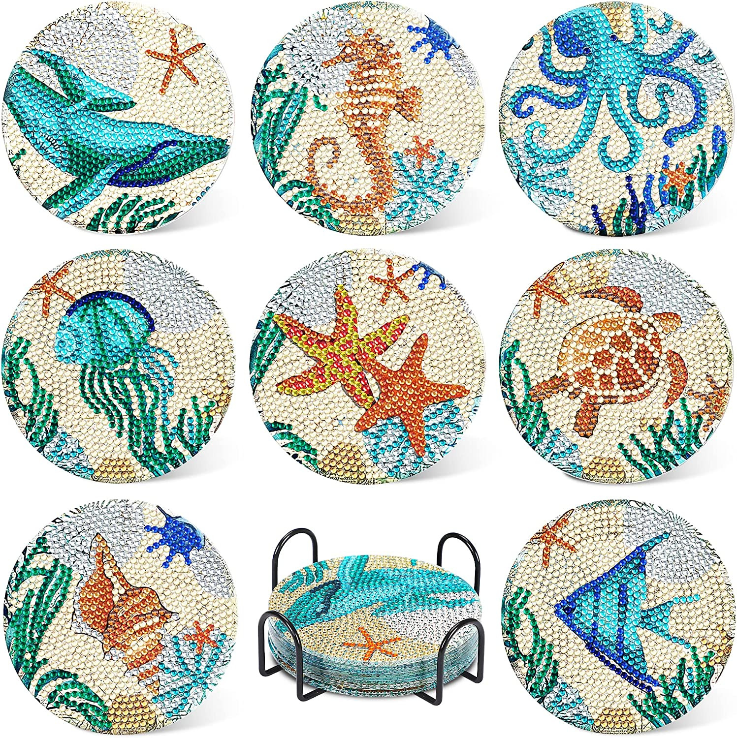 Ocean Diamond Art Painting Coaster Kit, 8Pcs DIY Crafts Kit with Holder, Non Sli