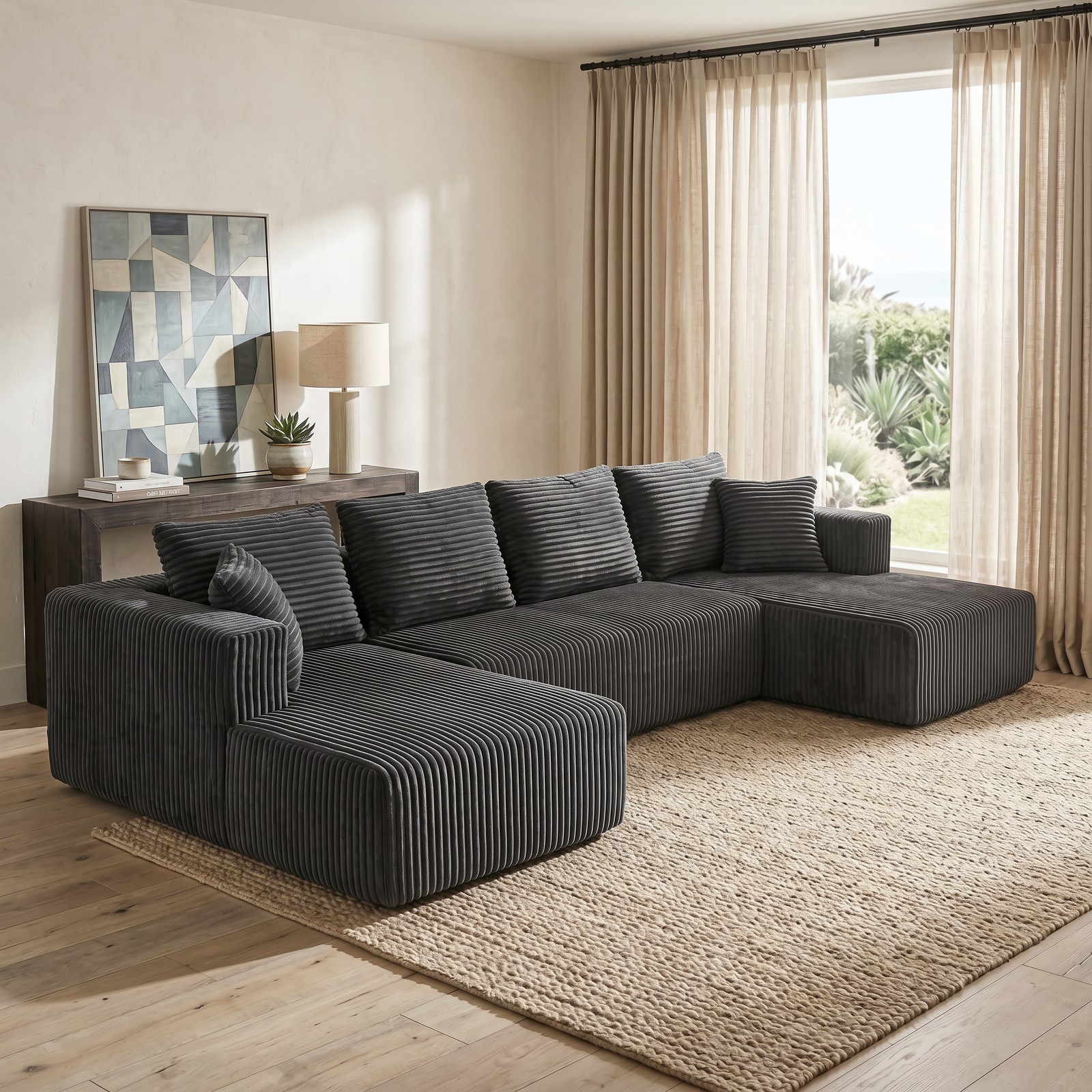 U-Shaped Modular Sectional Sofa, Gray Corduroy, Double Chaise, Deep Seat