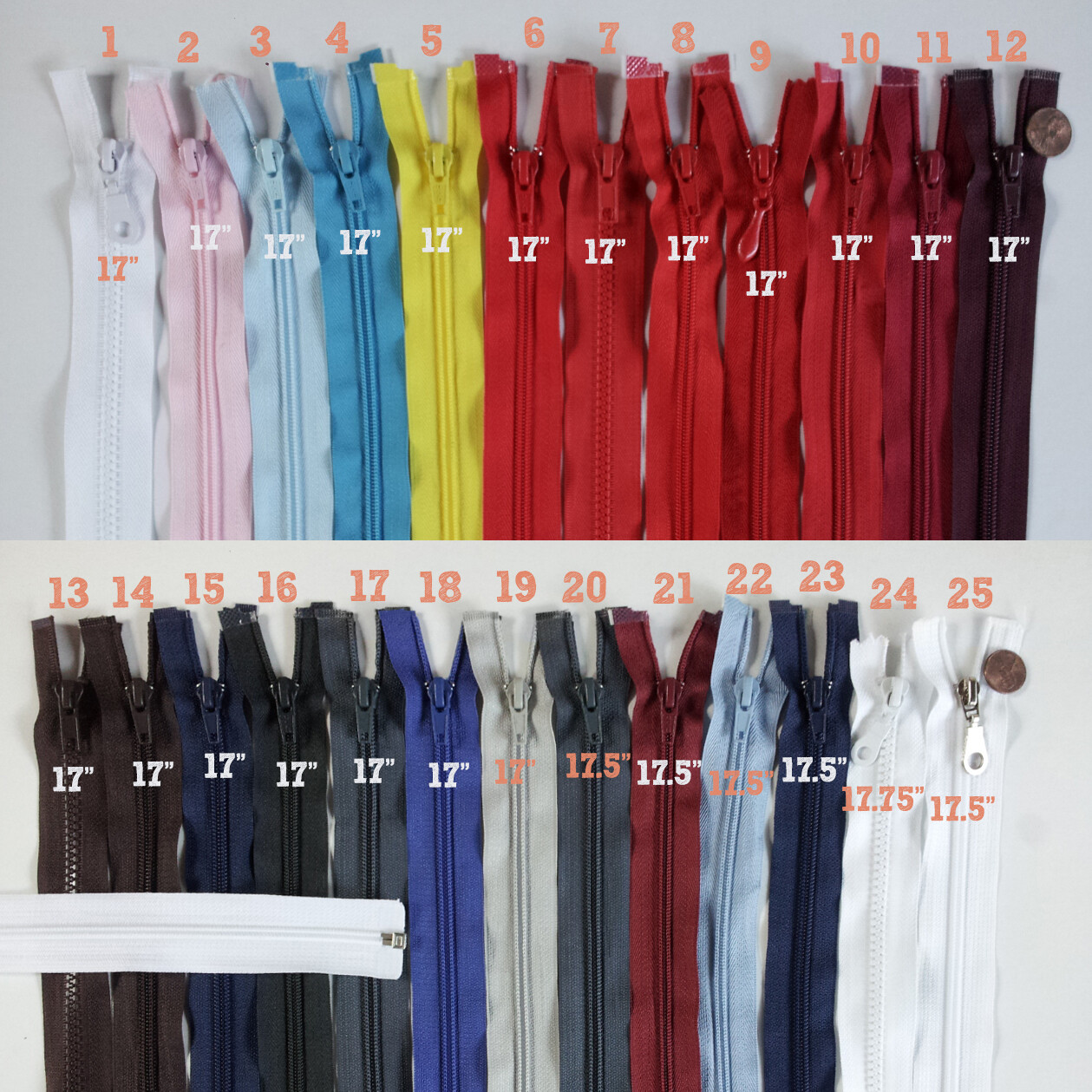 Open End Nylon #5 Jacket Zippers 17" Separating Zipper J17