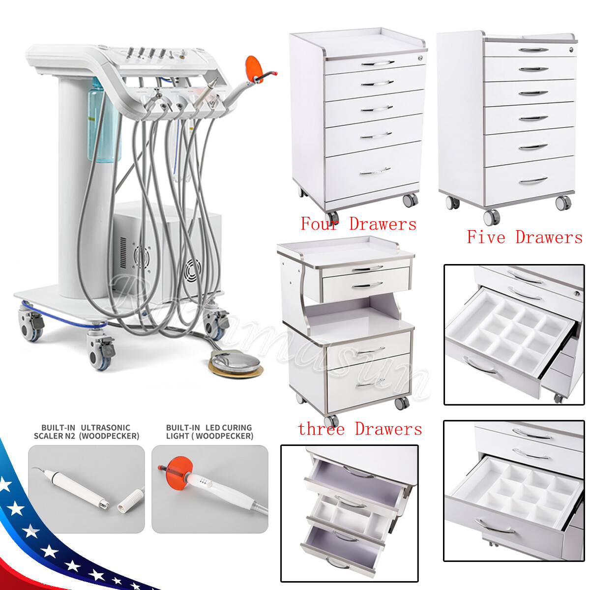 Portable Dental Mobile Unit with Air Compressor/Mobile Cabine 3/4/5 Drawers Cart