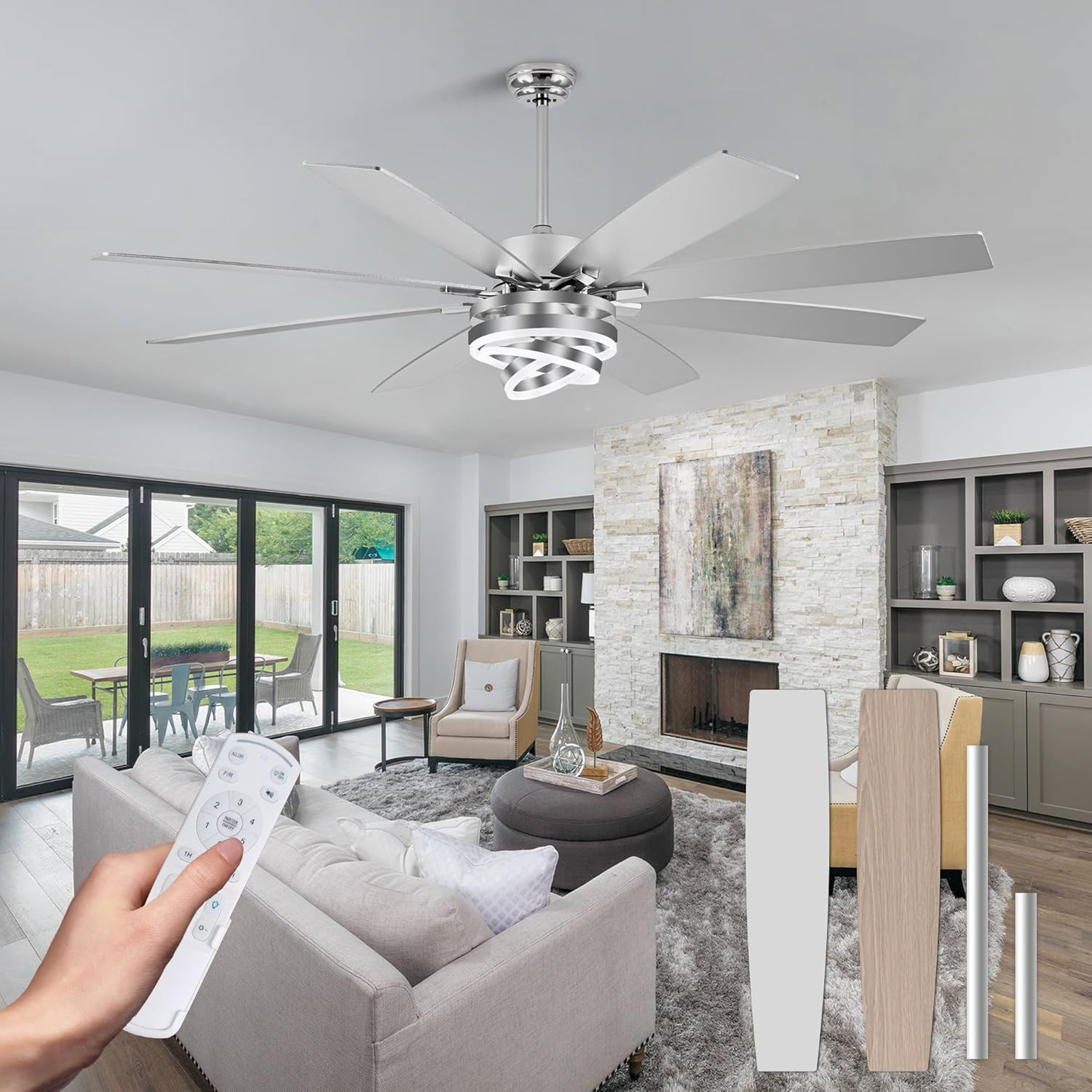 72" Modern Silver Ceiling Fan with Lights & Remote, 6-Speed Quiet DC Motor
