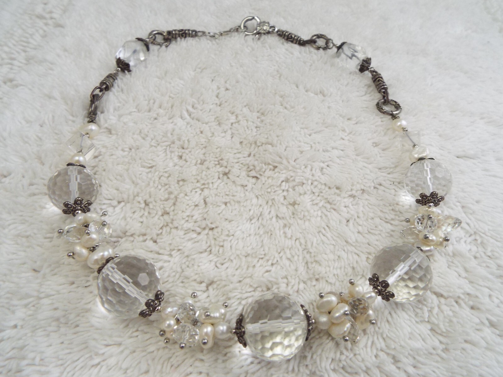Genuine Pearl & Clear Prism Glass Bead Necklace (A57)