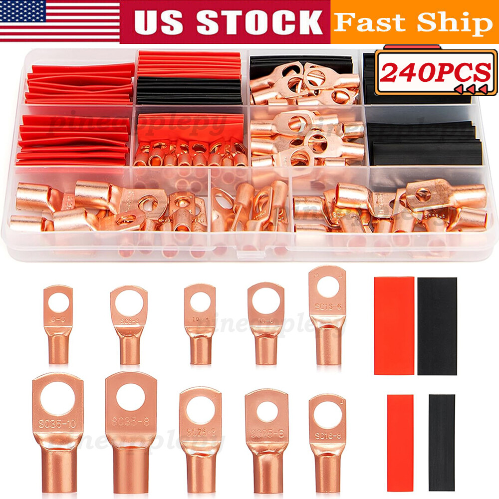 240Pcs Assortment Copper Wire Lugs Battery Cable Ends Ring Terminals Connectors
