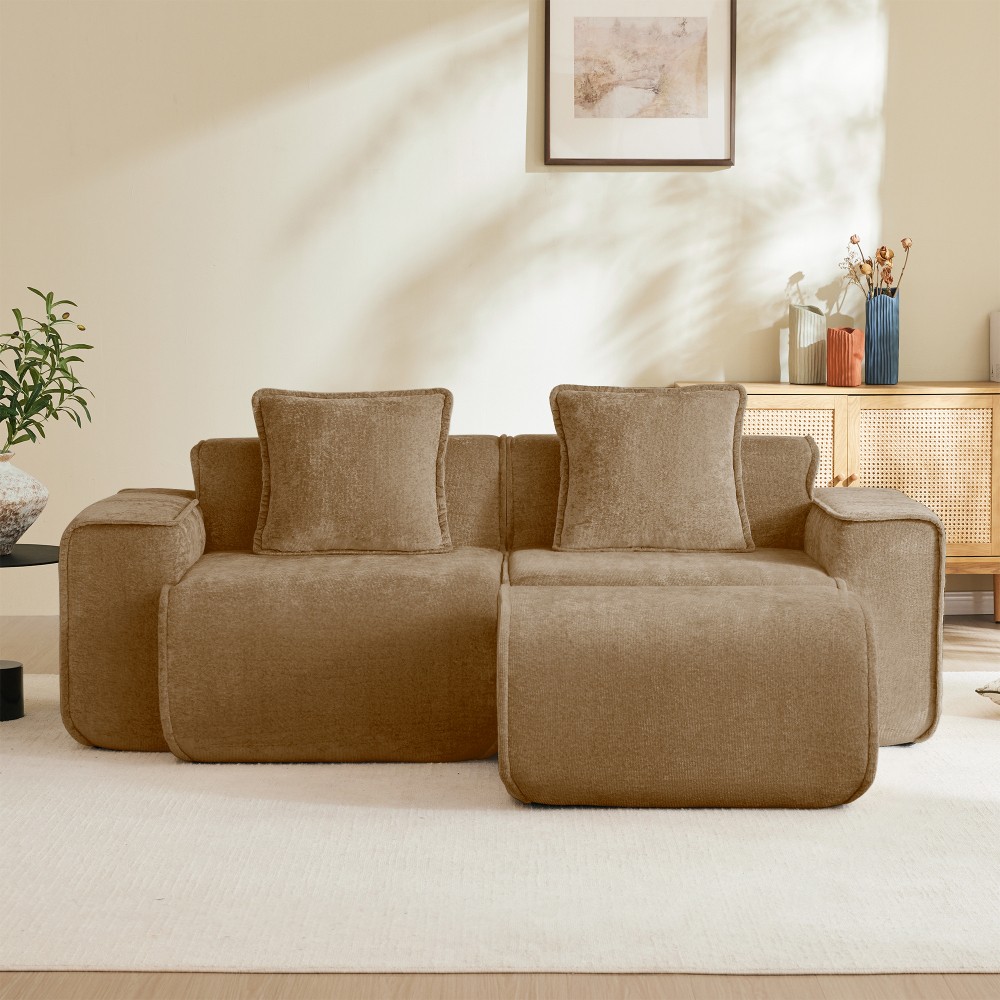 L-Shape Sectional Sofa w/ Ottoman Compressed Sofa Velvet Brown, No Assembly