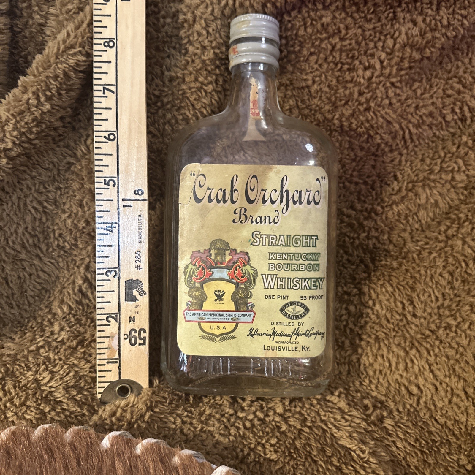 1933 Crab Orchard Bourbon Whiskey Bottle Prohibition Era 1934 Bottled Medicinal