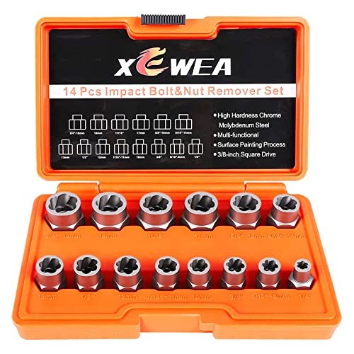 Professional Bolt Extractor Set, 3/8" Drive Impact Stripped Bolt Remover 14PCS