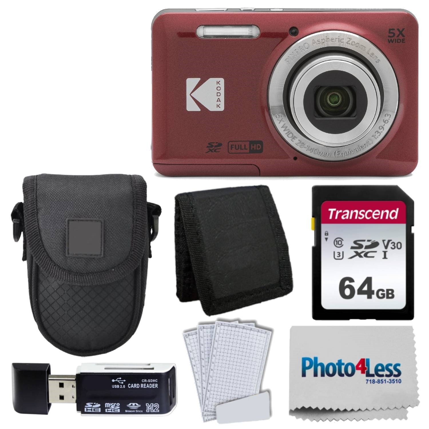 Kodak PIXPRO FZ55 Digital Camera (Red) + Black Point & Shoot Camera Case + Trans