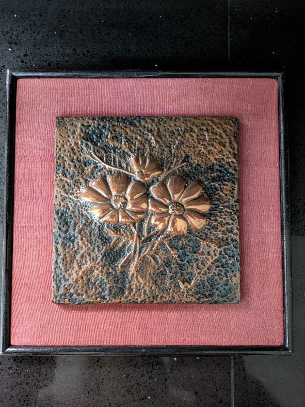 Vtg Wood Framed Hammered Copper  Flowers From Cirebon 1976