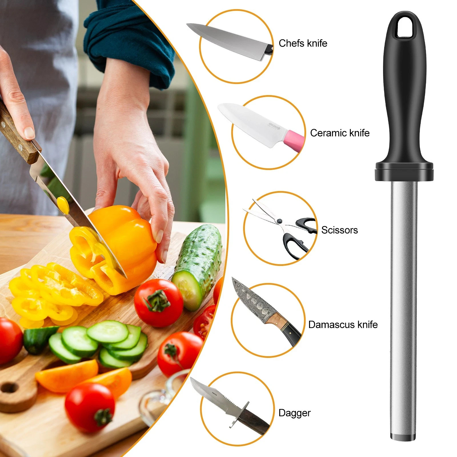 8" Diamond Knife Sharpener Flat Sharpening Rod w/ Handle for Chef Kitchen Knives