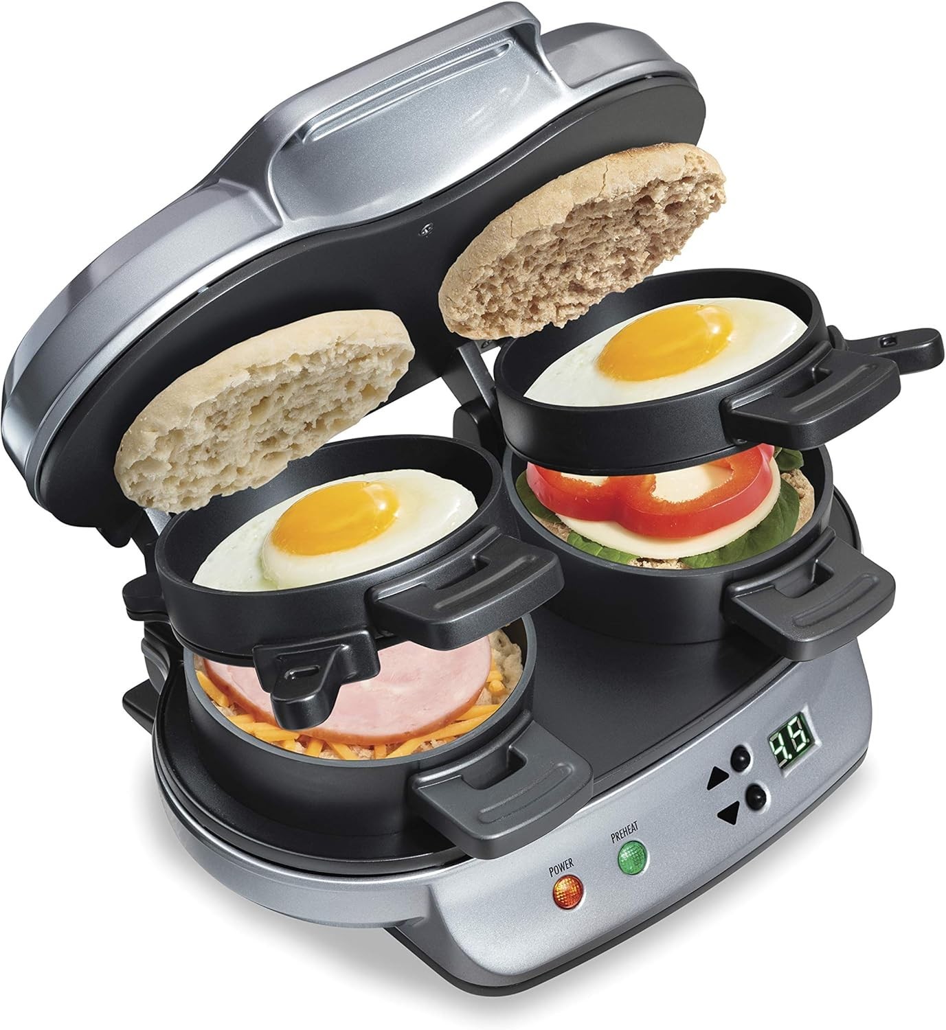 Dual Breakfast Sandwich Maker Timer Nonstick Egg Cooker Silver 25490MNA NEW