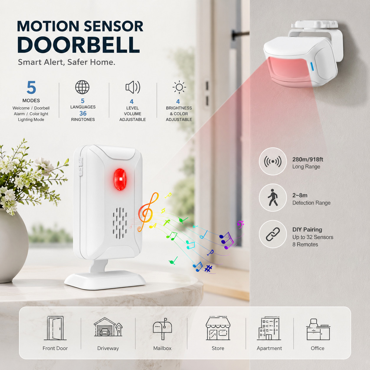 Commercial Door Entry Alert Chime 5-Mode Wireless Alarm for Store Security 1PK