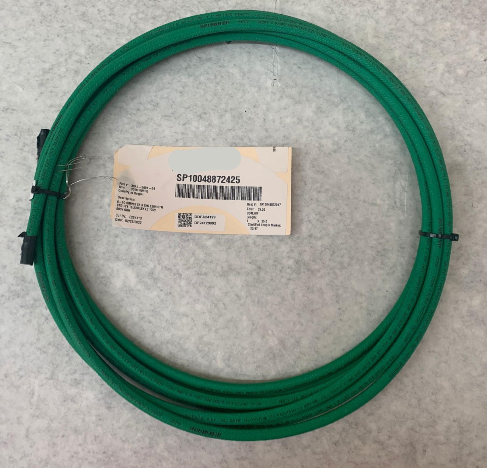 Southwire 3BAL-0601-04 TelcoFlex III 6AWG 600V Central Office Cable - 25ft