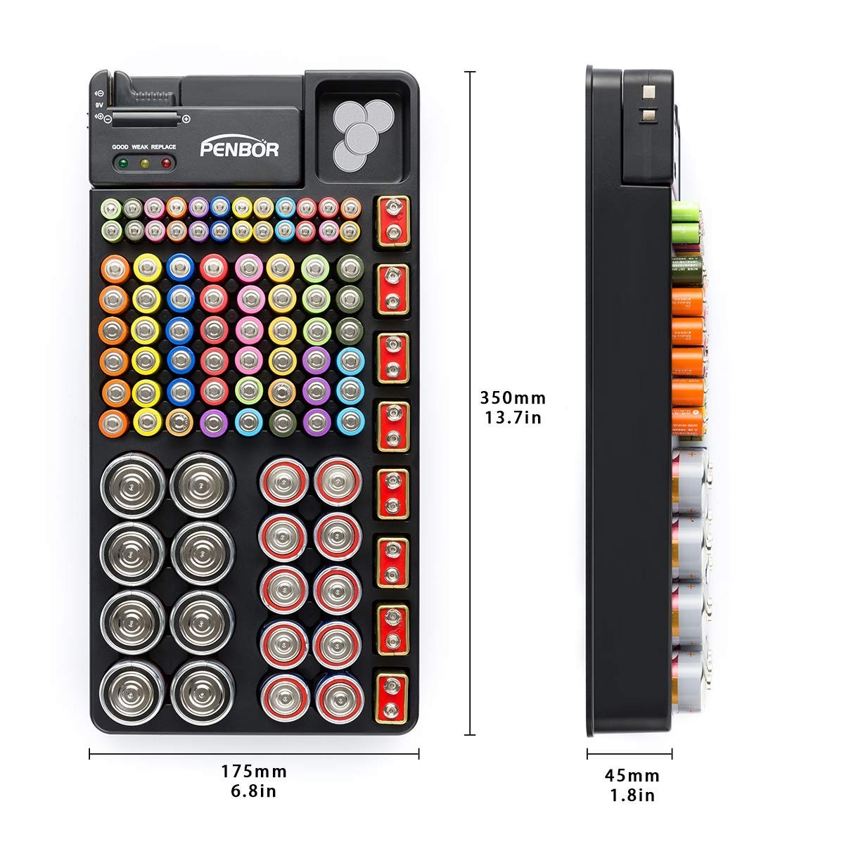 Compact Battery Storage with Tester - Holds 110 Various Sizes, Easy Access