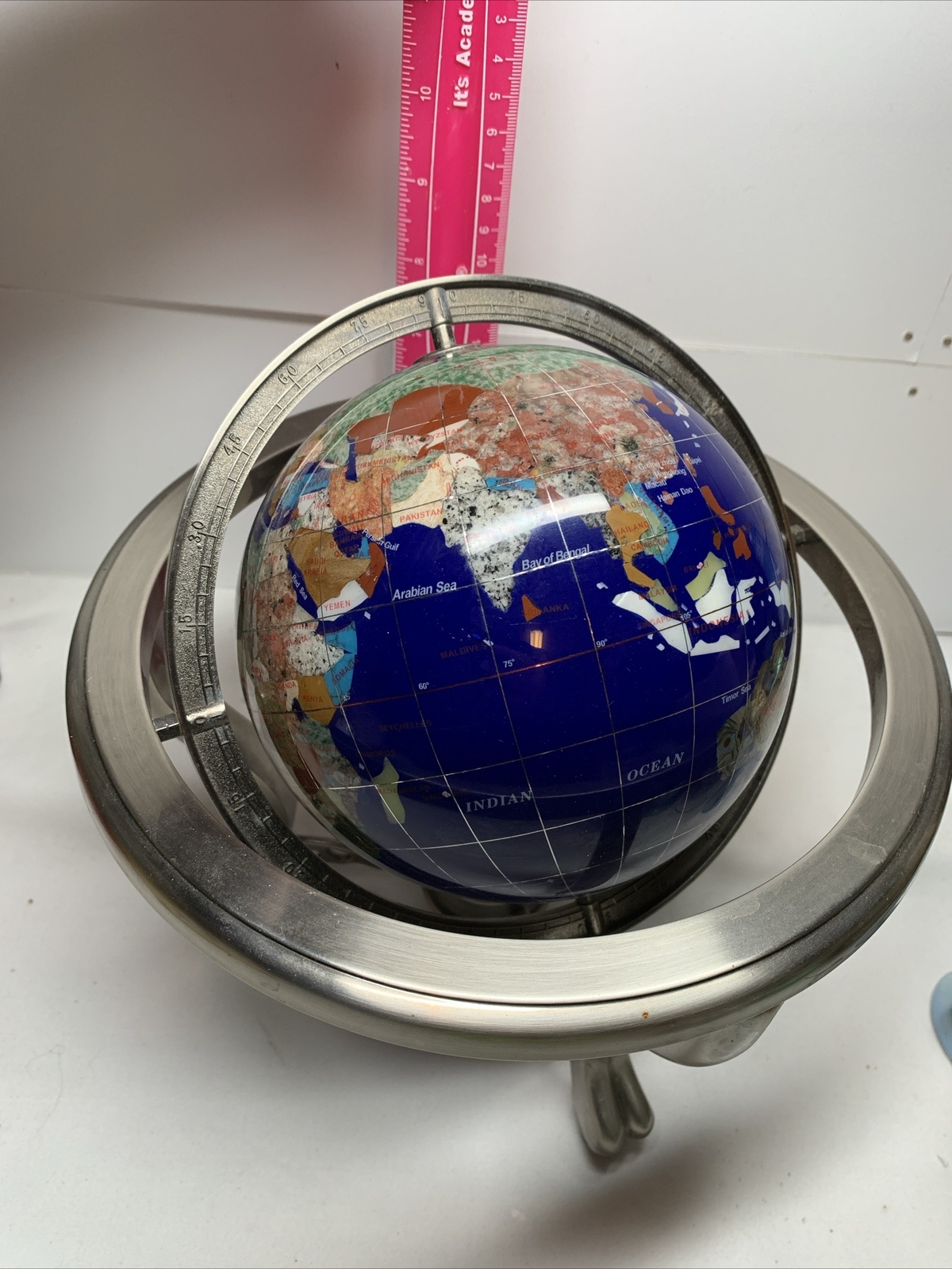 Polished Stone Globe in 360° Rotating Brass Frame