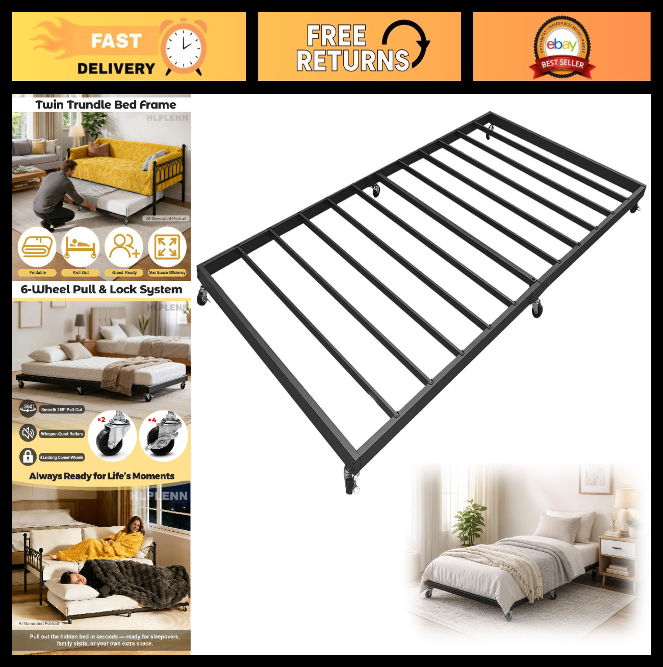 Twin Trundle Bed Frame with Steel Slats, Roll-Out Trundle, Silent Wheels, Space-