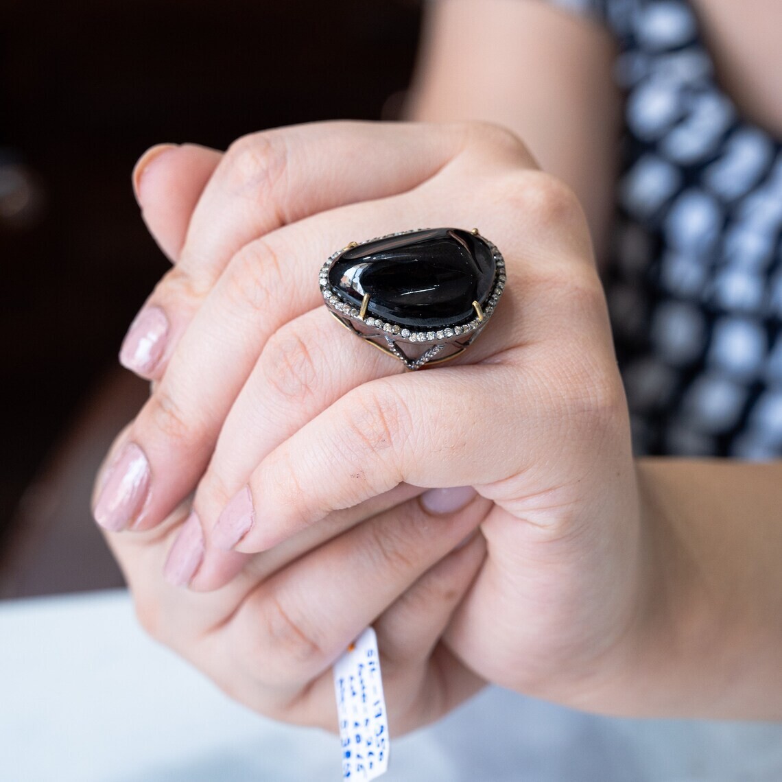 Natural Black Onyx &Pave Diamond Ring 925 Sterling Silver Statement Ring Gift