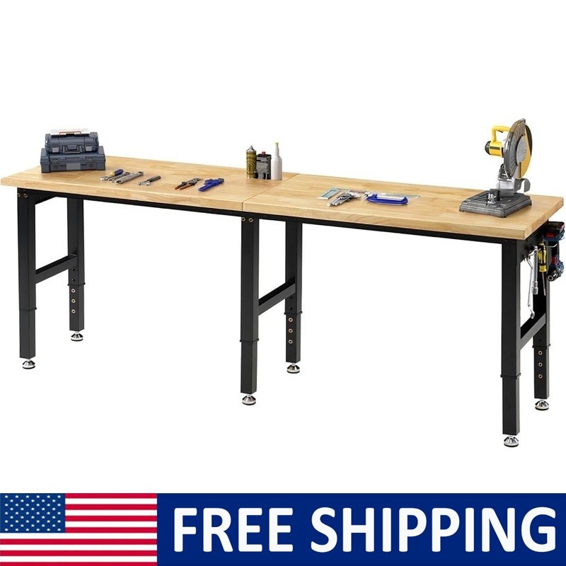 Heavy Duty Workbench Steel Frame Rubber Wood Top Adjustable Height Power Outlet