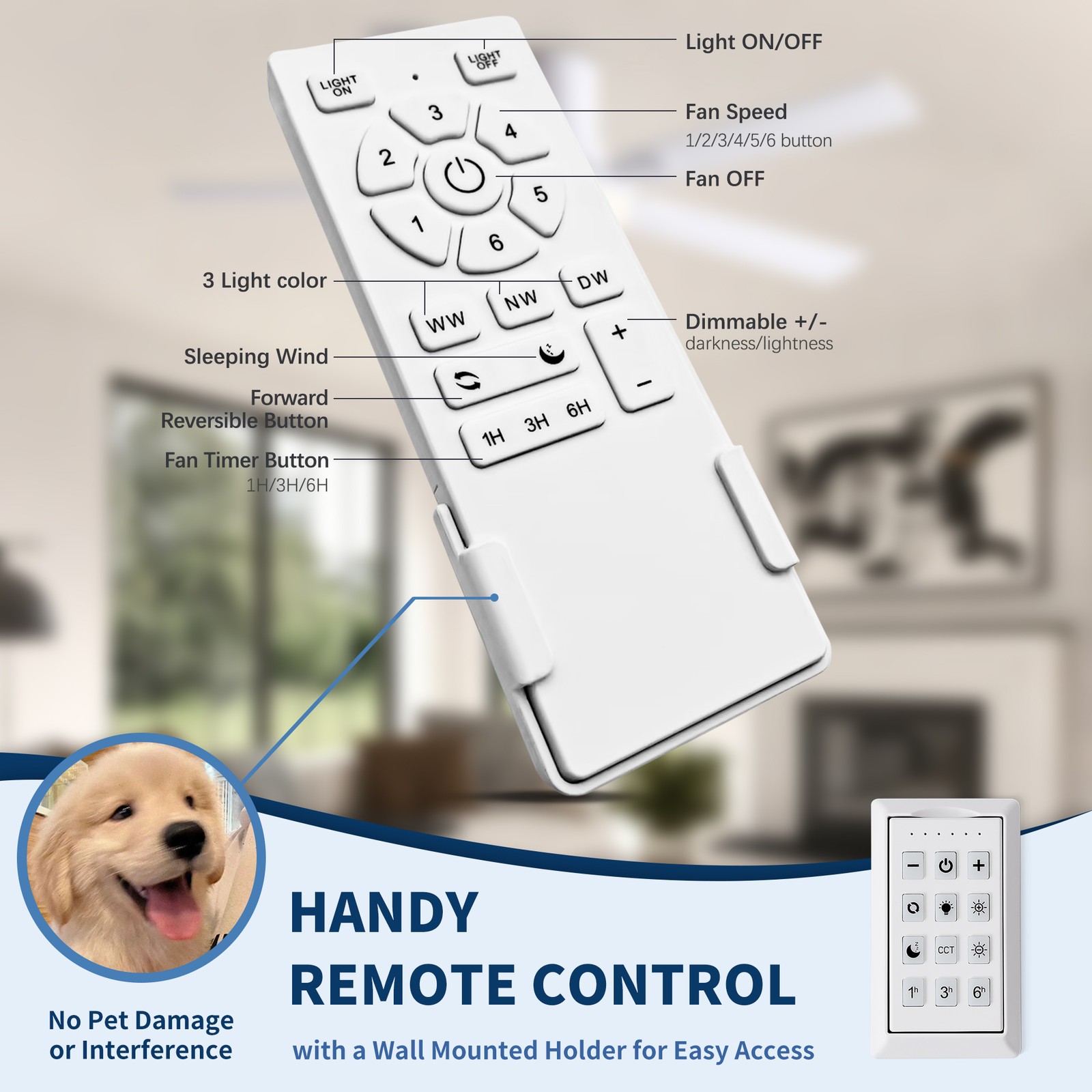 52" White Ceiling Fan with Light and Remote Control, 6-Speed DC Motor