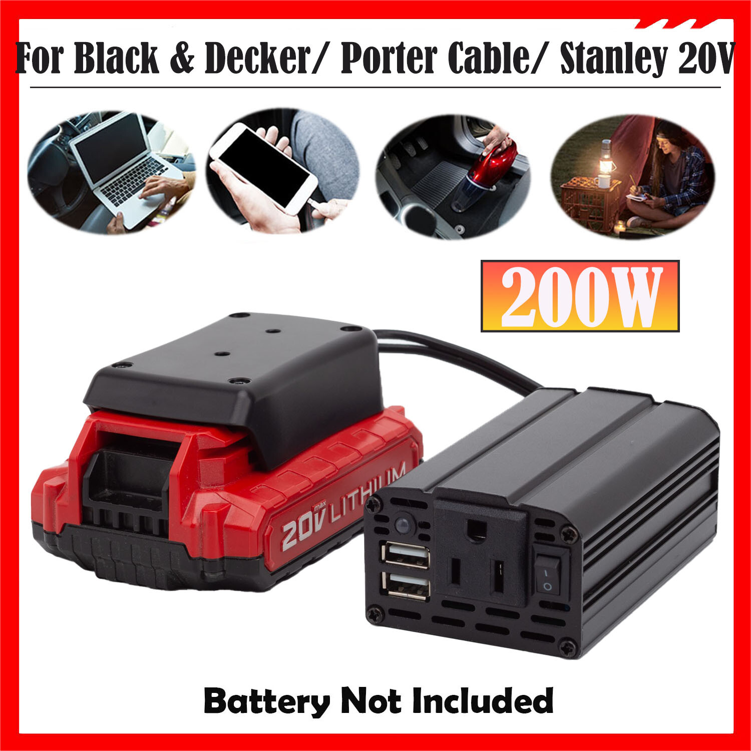 200W Portable Power Supply Inverter For Black & Decker/ Stanley 20V w/AC Outlet