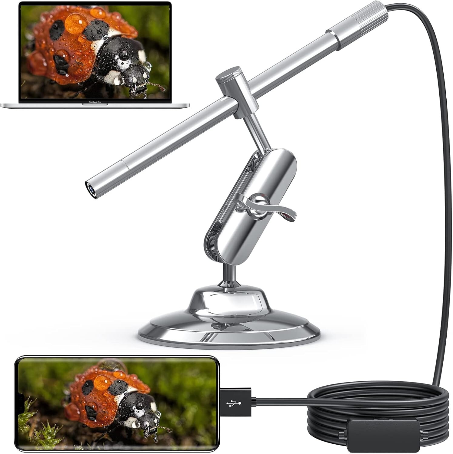 USB/USB-C Digital Microscope 10X to 200X Magnification Camera with 8 LED Lights