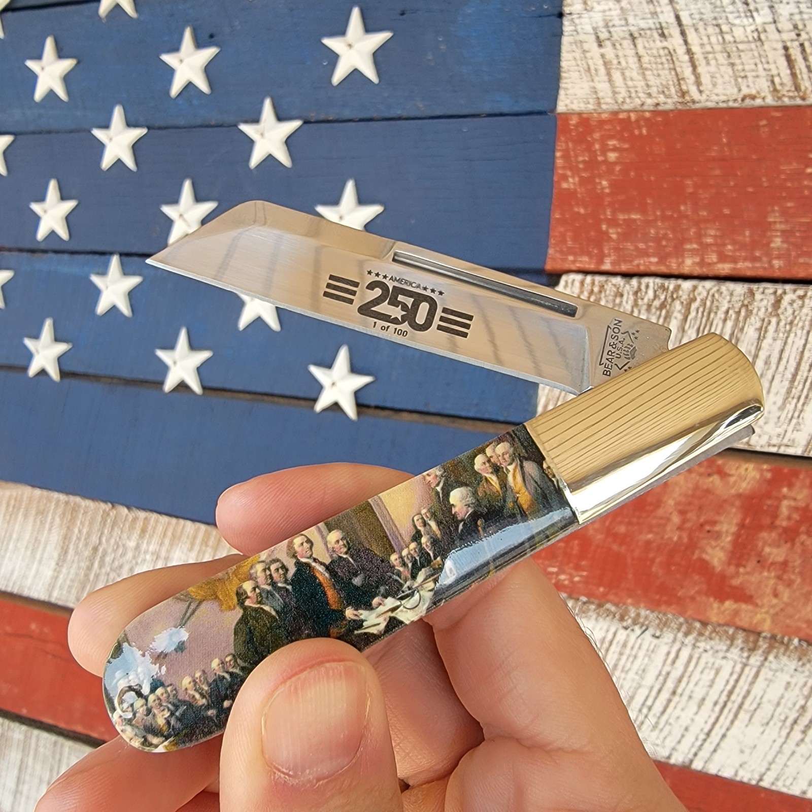 BEAR & SON CUTLERY USA DECLARATION LARGE BARLOW KNIFE AMERICA 250 ANNIVERSARY