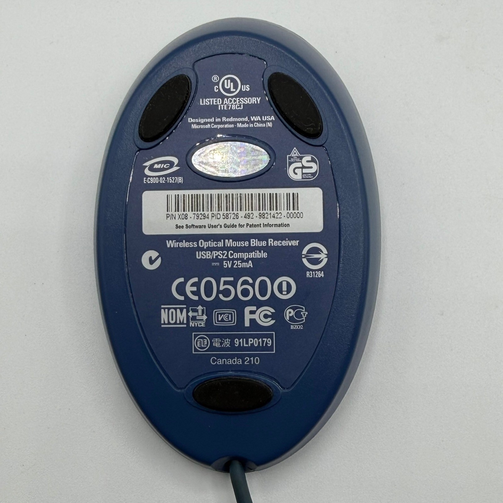 Microsoft Wireless Optical Mouse Blue Receiver USB PS2 Compatible Blue X08-79294