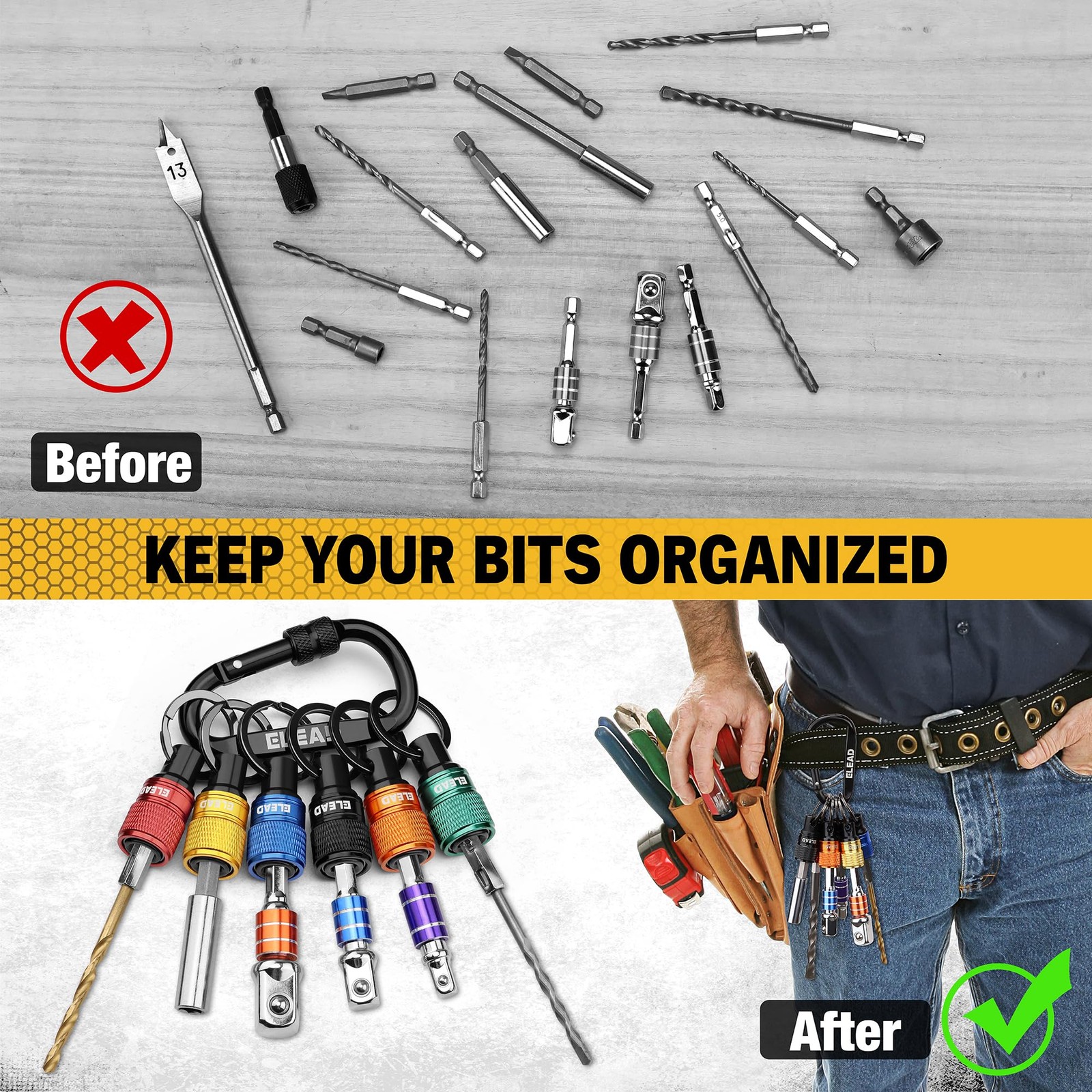 6-Piece Hex Shank Bit Holder Set with Quick Release Keychain Carabiner
