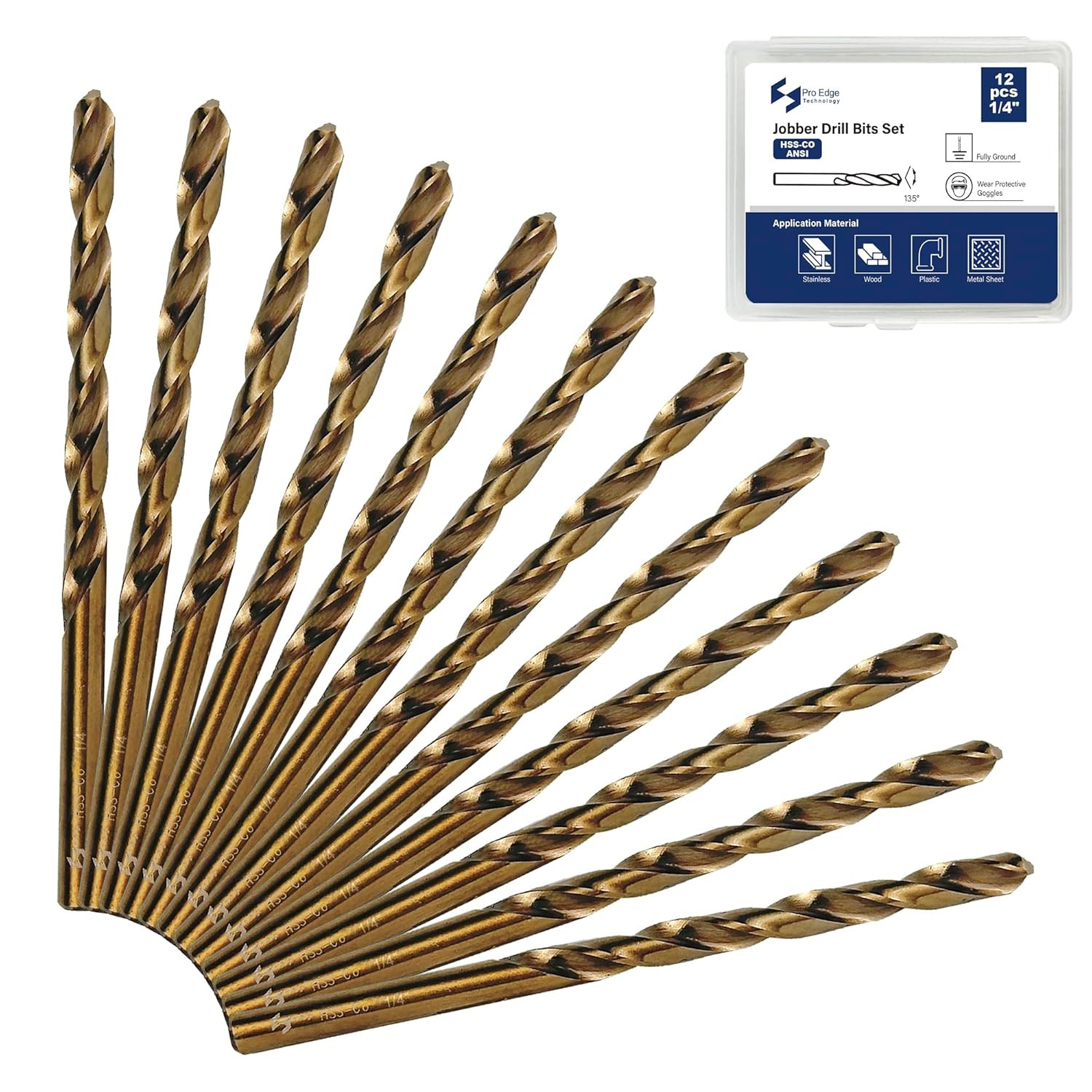 Pro Edge 12Pcs 1/4" Cobalt Drill Bits, M35 High Speed Steel 135 Degree Tip Heavy