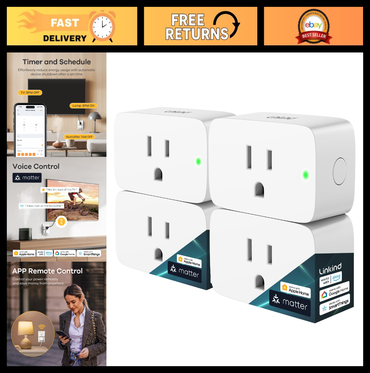 Smart Wi-Fi Plug 4 Pack - Voice Control with Alexa, Google Home, Timer & Schedul