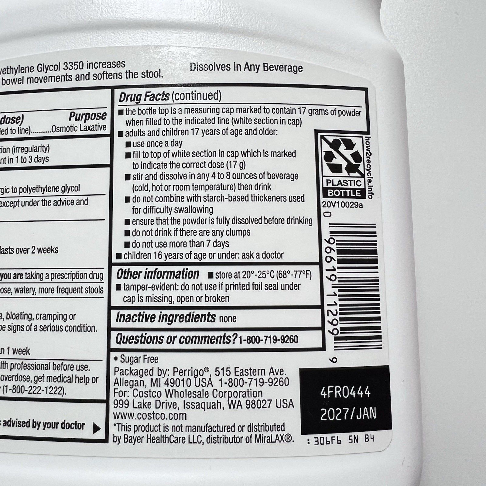 Kirkland 50 Doses LaxaClear Osmotic Laxative Polyethylene Glycol Stool Exp 01/27