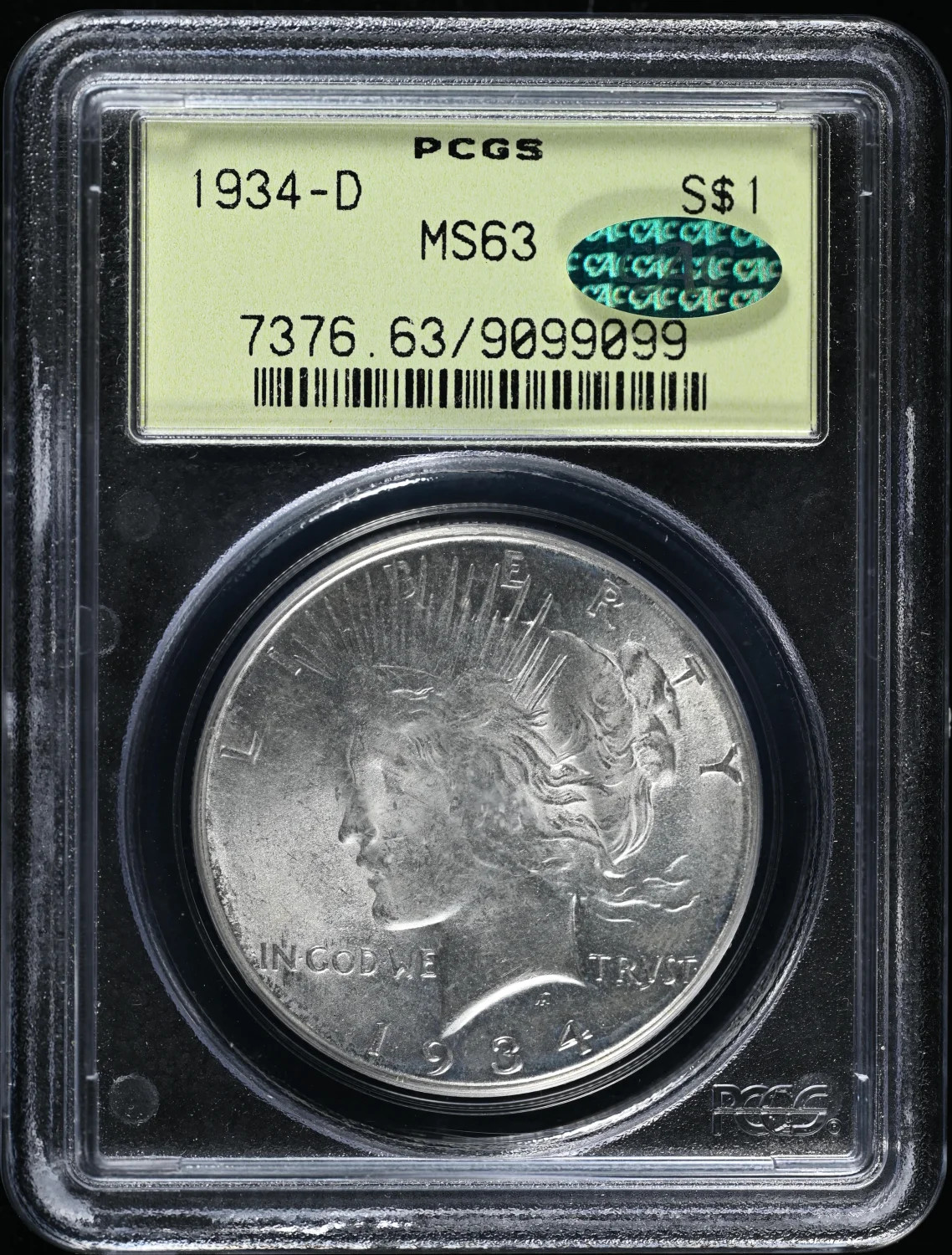 1934 D Peace Silver Dollar PCGS MS-63 CAC