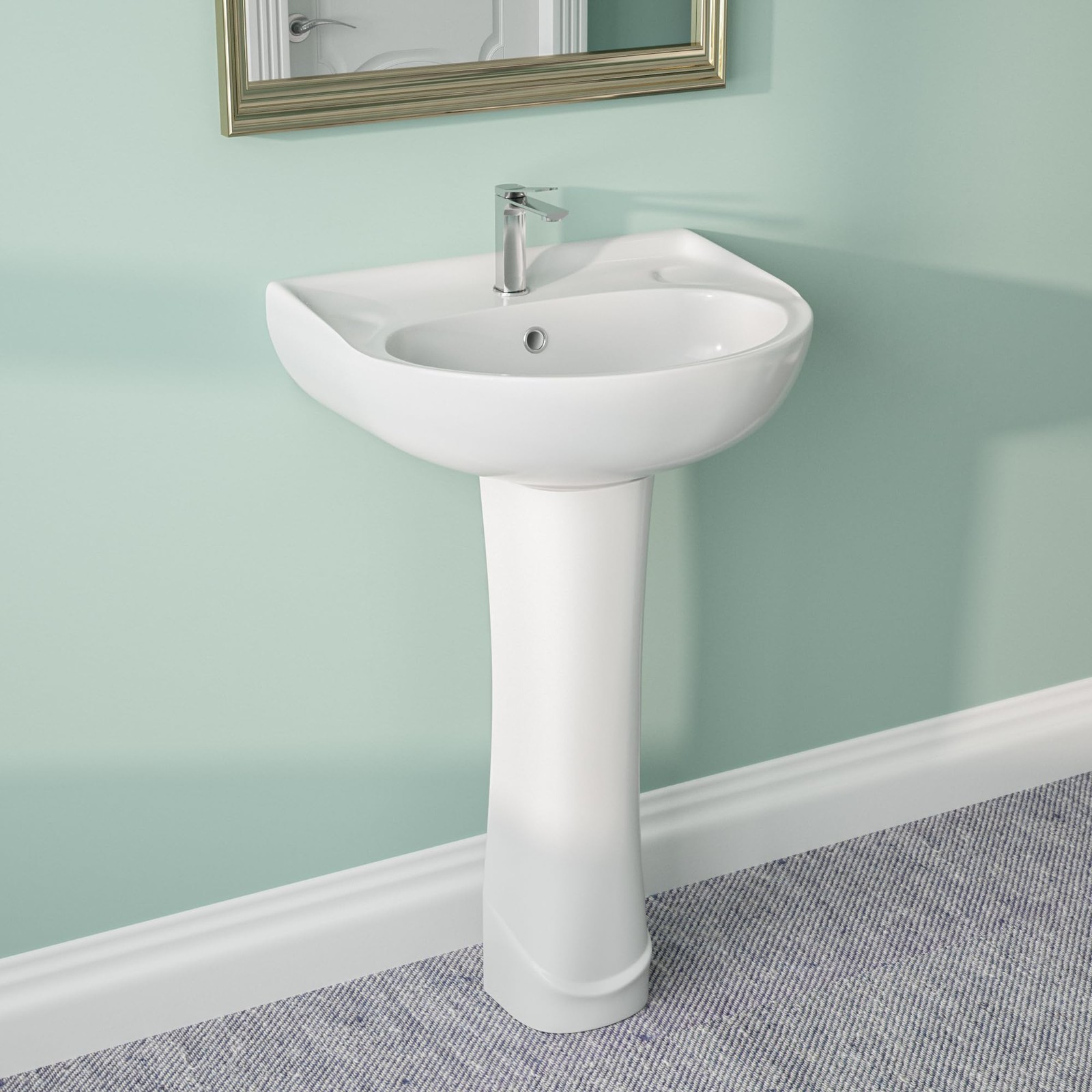Ally 20x16.54 Inch U-Shape White Ceramic Pedestal Sink with Overflow, Modern ...