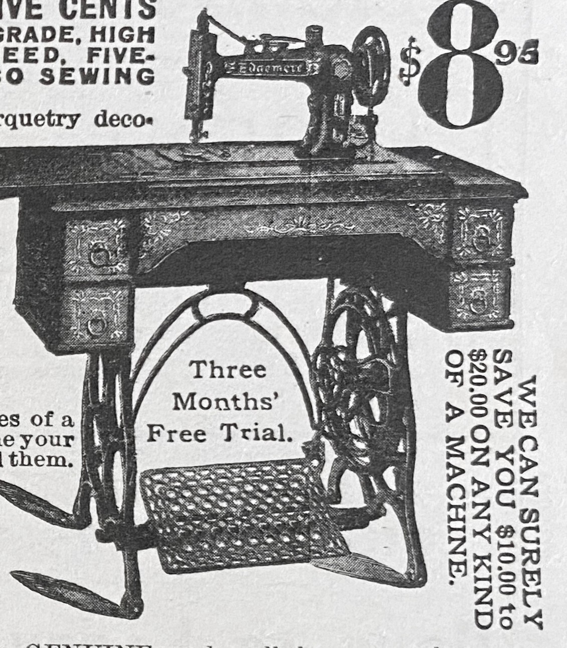 EDGEMERE Model 5 Sewing Machine Drawer Cabinet Vtg 1903 SEARS ROEBUCK Print Ad!