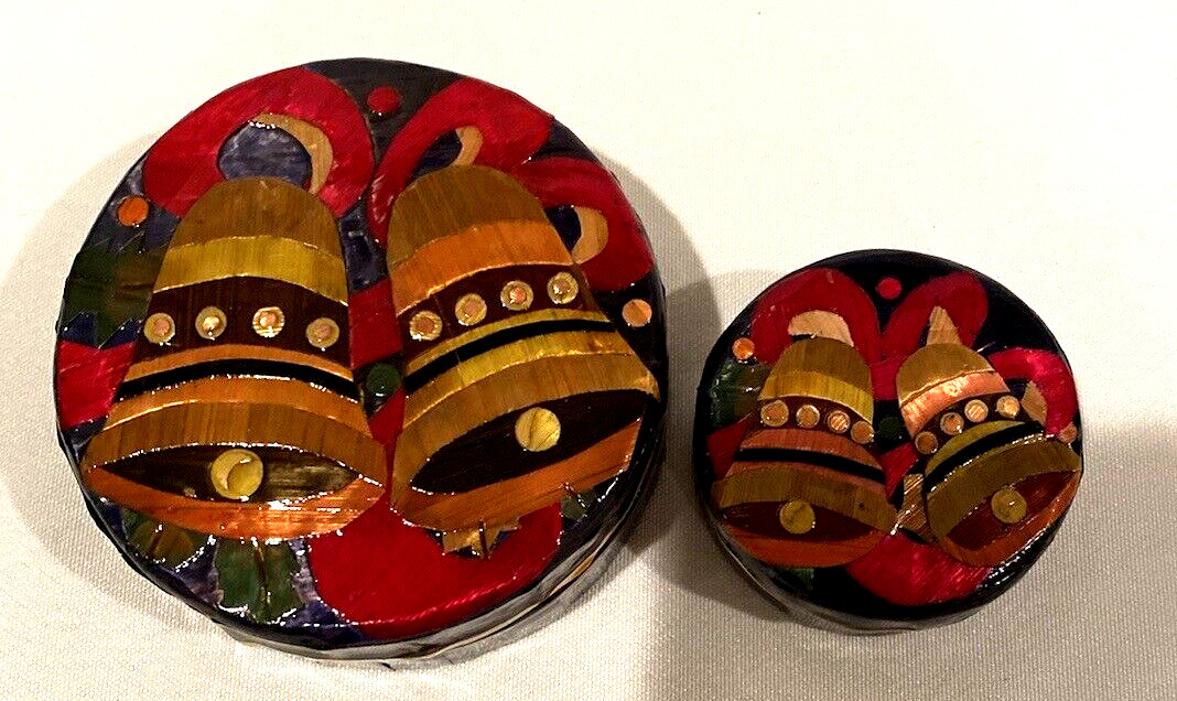 Small Hand painted 2 Floral Wooden Wood Round Trinket Jewelry Ring Boxes