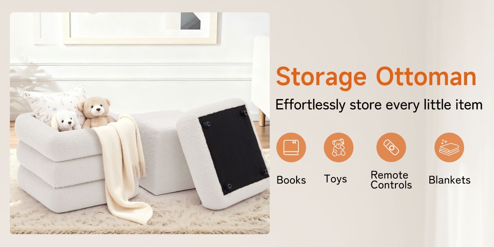 Korser Teddy Fabric Cloud Storage Ottoman with Hidden Storage Set of 2
