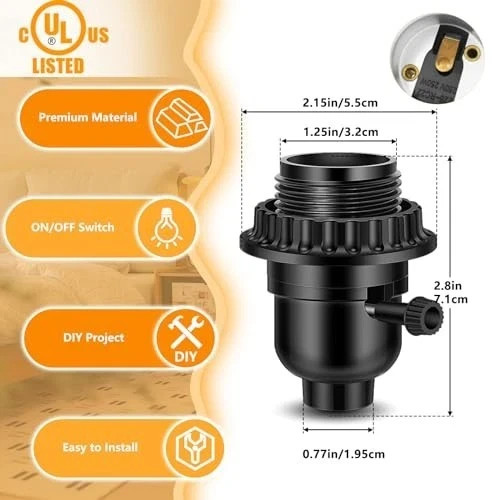 UL Listed E26 Light Socket, Threaded Lamp Socket Replacement with ON/Off Switch