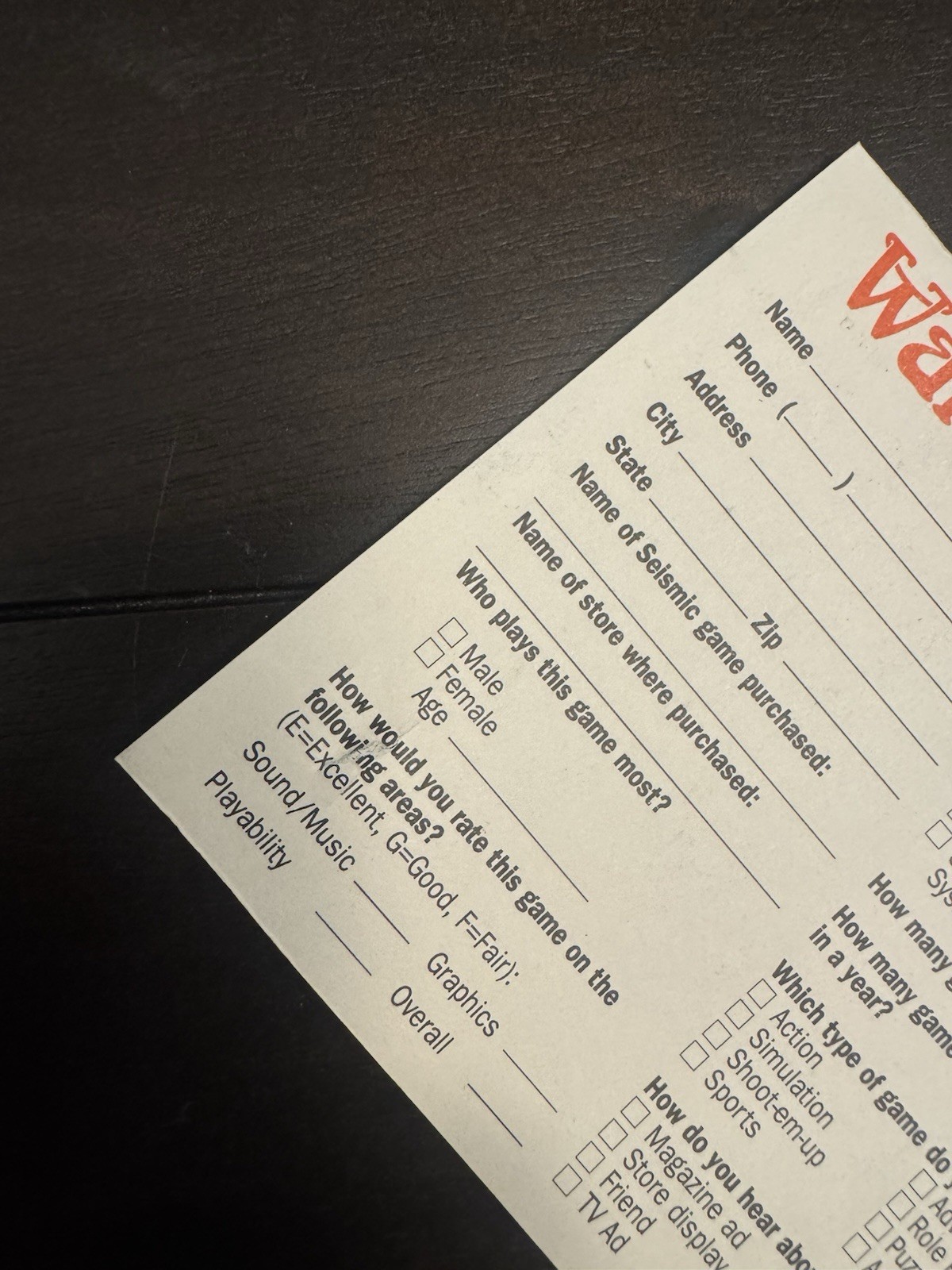 MUSHA Registration Card Only Sega Genesis