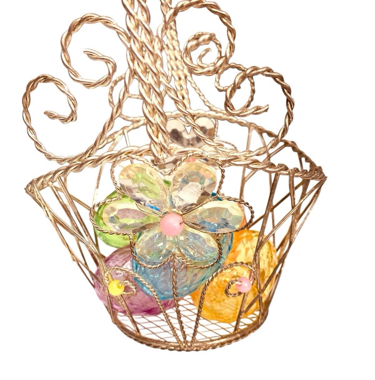 Wire Egg Basket With Handle Flowers Scroll 5 Colored Eggs Fillable 10 x 5.5 Inch