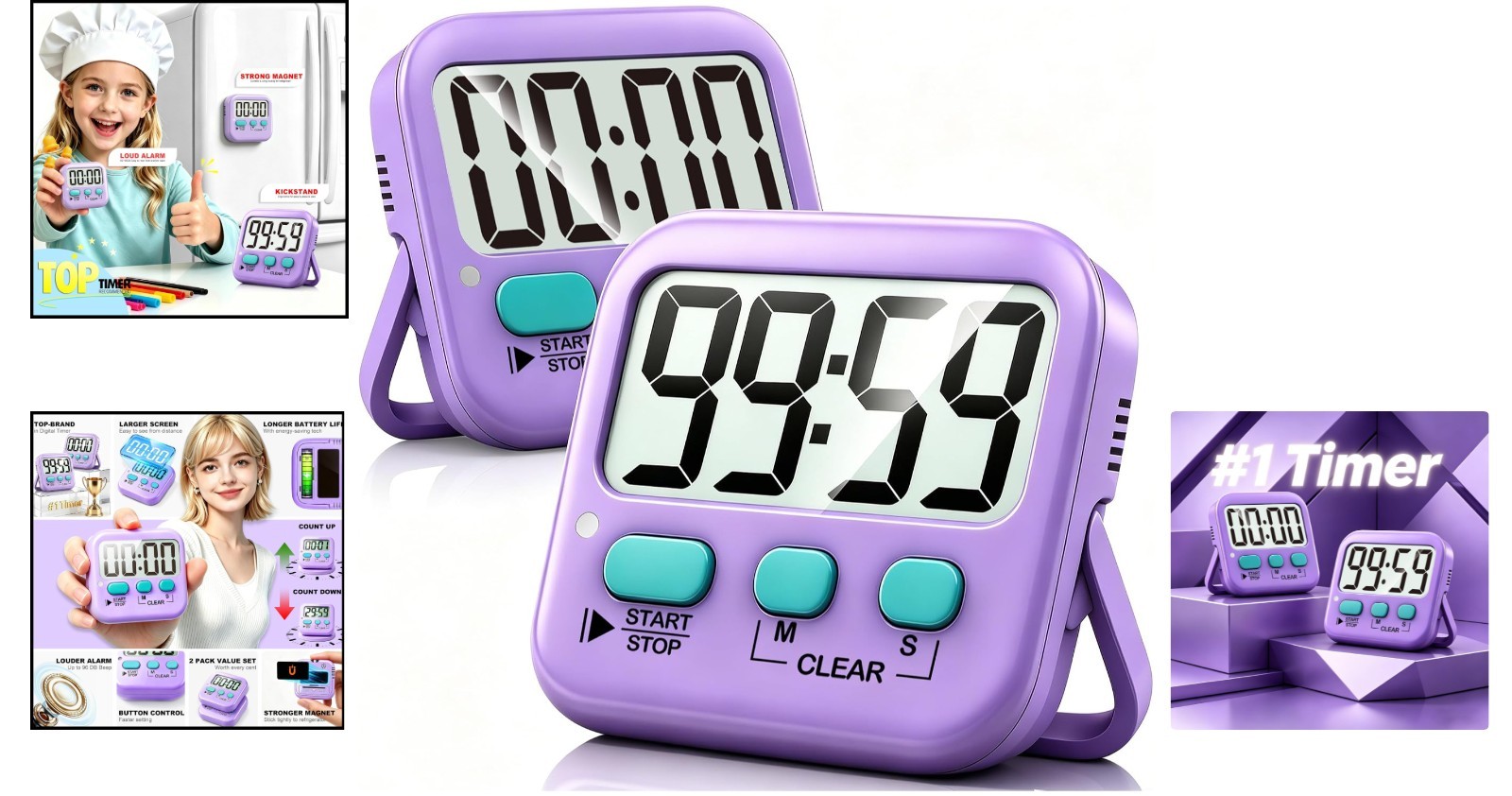 2 Pack Digital Kitchen Timer for Kids - Countdown & Count Up, Loud/Silent Mode