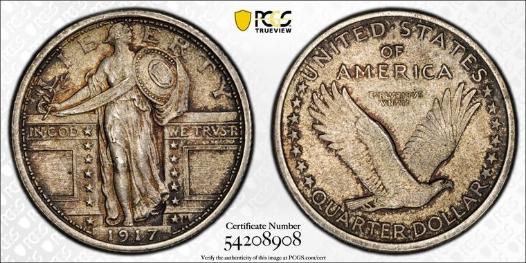 1917 Standing Liberty Quarter 25c Type 1 PCGS MS 63FH-Full Head , Gold Shield